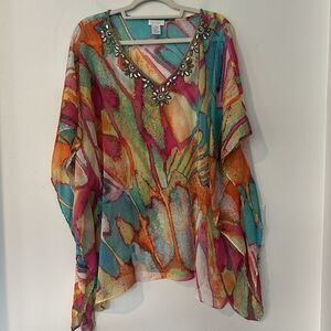 Chico’s Semi-sheer Colorful Kaftan, Coverup, Tunic Top L/XL